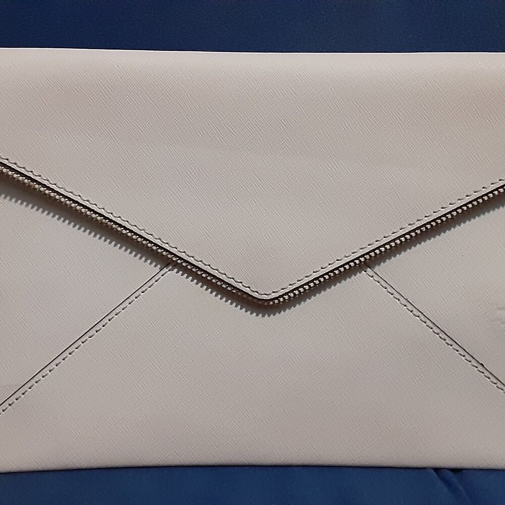 REBECCA MINKOFF x Leo Saffiano Zipper-Edged White Leather Envelope Clutch